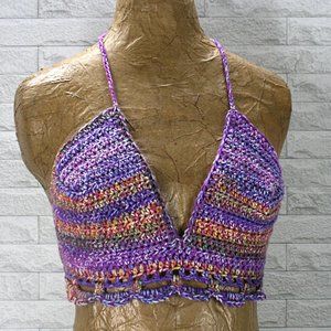 HAND CRAFTED Cropped Top Crochet Halter Bikini Festival Fashion Purple Small